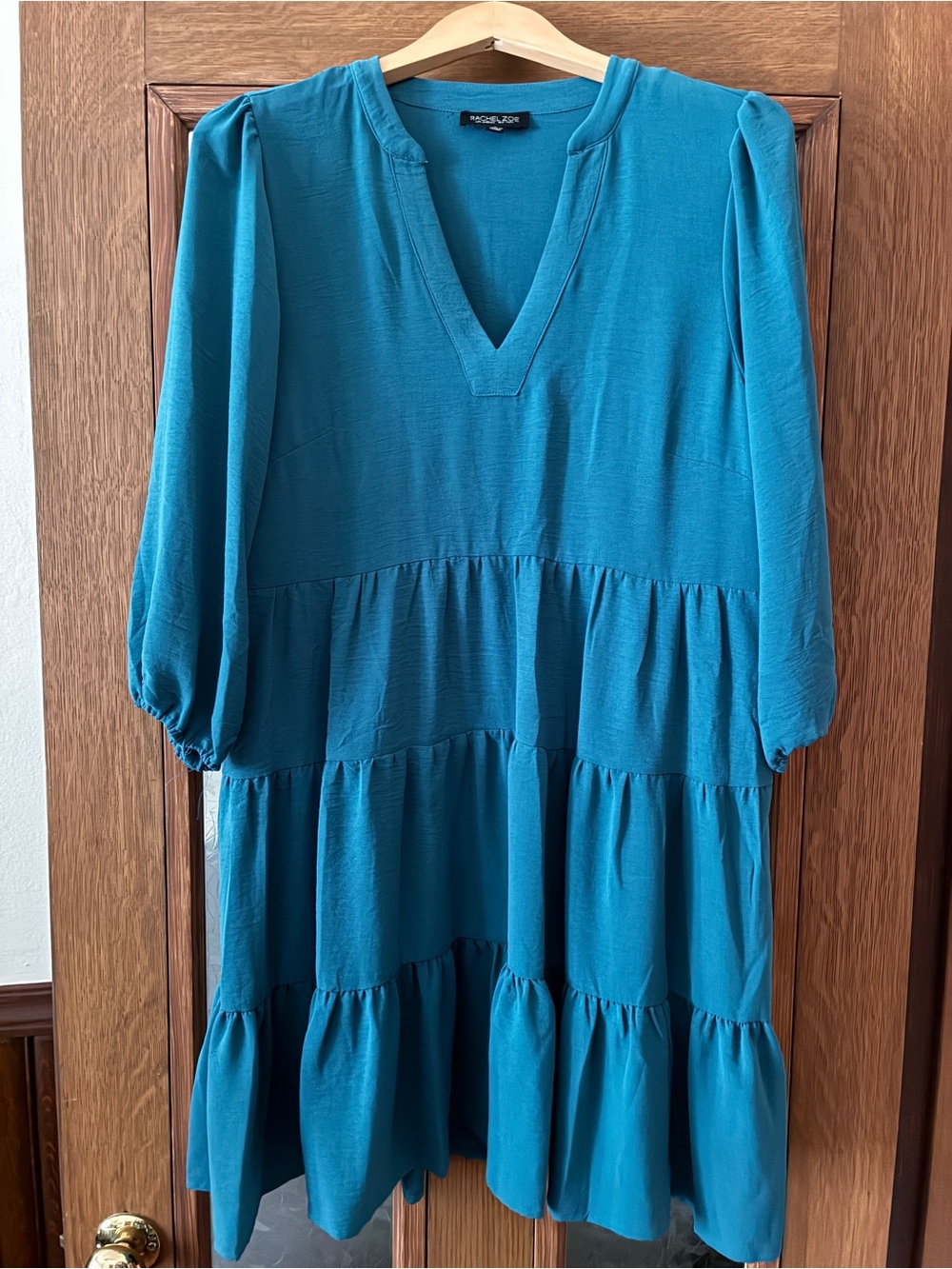 Rachel Zoe Teal Tiered V-Neck Puff Sleeve Dress